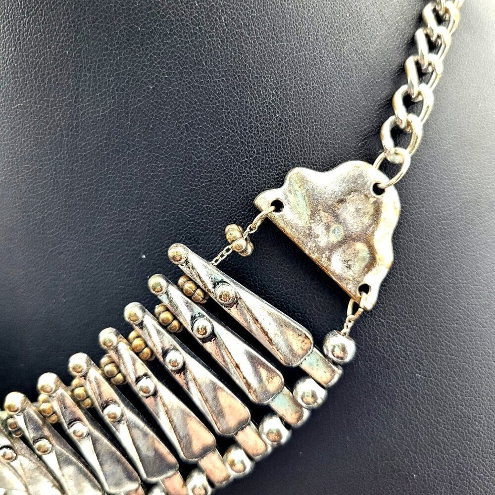 Vintage Silver & Gold-Tone Beaded Statement Necklace Chain Adjustable Closure - Picture 4 of 5